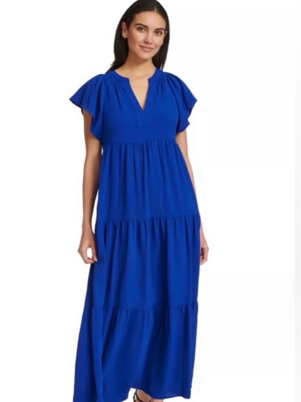 Calvin Klein Royal Blue Tiered Maxi Dress with Flutter Sleeves